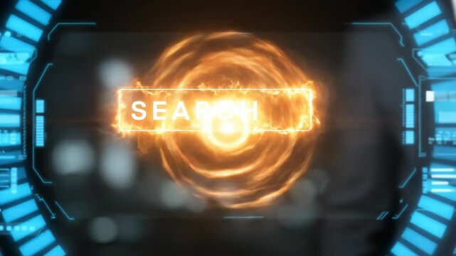 Glowing search button surrounded by fiery orange flames on a dark, abstract digital interface, representing online data access, internet information discovery, modern technology, web browsing concept.