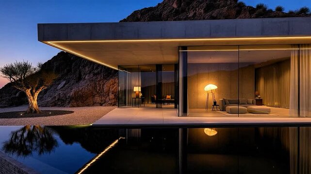 Modern concrete and glass home with infinity pool an illuminated gnarled tree set agnst a desert sunset and rocky terrn