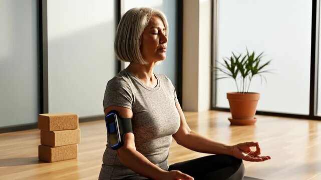 Senior woman meditates with fitness armband during yoga practice. Woman sits in lotus pose with armband. Senior does yoga meditation indoors. Fitness tracking during yoga session in studio.