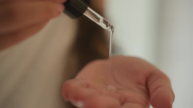 Hotel vanity hand receiving serum drop, closeup of dropper releasing clear liquid onto palm, soft backlight, gentle skincare ritual in hotel bathroom, nourishing beauty moment and careful application