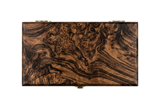 Polished burl wood box top view isolated. Luxury wooden container.