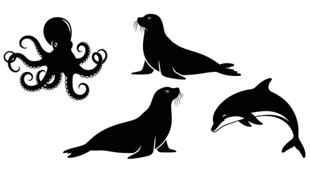 Obraz premium Marine Animals Silhouettes: Octopus, Seals, and Dolphin Vector Illustration