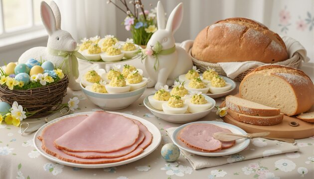 Easter delicacies, including ham slices, deviled eggs, and freshly baked bread, displayed on a festive spring-themed holiday table.
