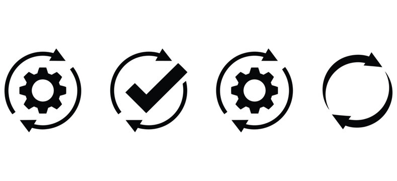 Sync process icon set, synchronization processing symbols, circle arrow with gear wheel, data update, system refresh, and workflow automation concept vector