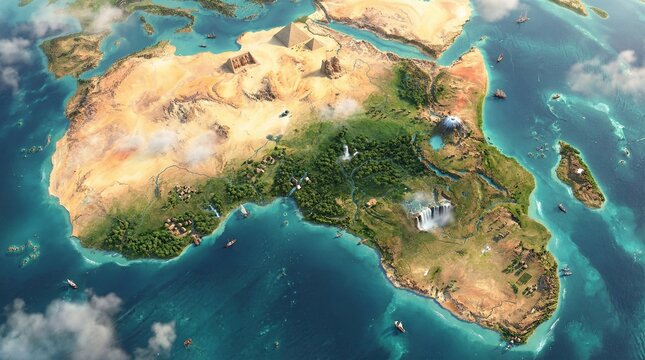 Vivid digital rendering illustrates the diverse biomes of the African continent viewed from space, showing deserts, jungles, and surrounding turquoise.