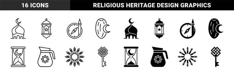 Naklejka premium Islamic heritage symbol collection featuring hybrid mosque crescent motifs Ramadan lanterns Qibla compass and geometric Arabesque key designs in line and solid style
