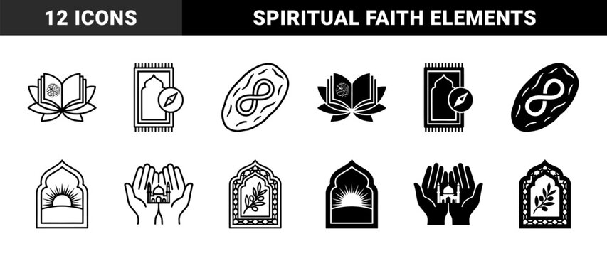 Islamic spiritual hybrid icons featuring quran lotus fusion prayer rug with qibla compass and fasting date infinity symbol in linear and solid style