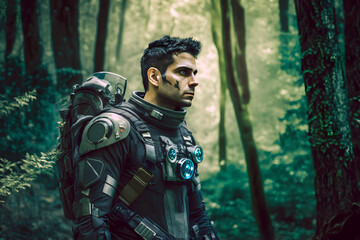 Obraz premium Futuristic soldier on a mission in the jungle. Neural network AI generated art