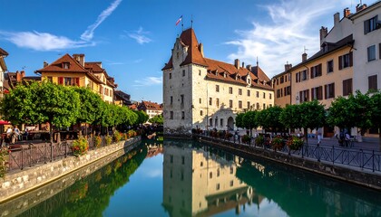 Obraz premium Annecy Canal View - A Picturesque Scene of French Charm.