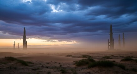 Obraz premium Dramatic Futuristic Desert With Rocket Silhouettes Under Stormy Sunset Sky