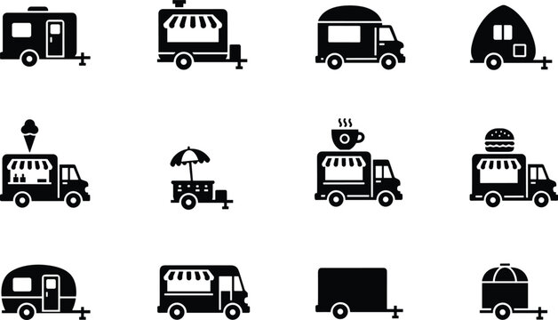 Food truck and trailer icons set, street food vehicles, mobile restaurant, coffee, burger, ice cream vector illustration