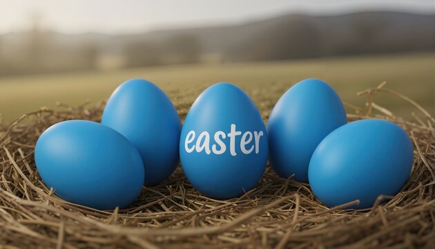 Five blue eggs one egg with the word easter written on it
