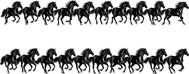 Seamless running black horse silhouette pattern, wild stallion herd illustration, galloping equine vector design isolated on white background repeatable wallpaper © Safiqul