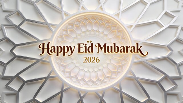 Radial geometric mandala light background with Islamic calligraphy-inspired Happy Eid Mubarak headline, Thuluth-style flowing Latin typography, visionary spiritual mood, ideal for Ramadan event use.