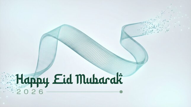 Suspended calligraphic ribbon light background with Kufic-geometric Happy Eid Mubarak headline, flowing Diwani topology, spiritual strategic mood, ideal for Islamic fintech presentation use.