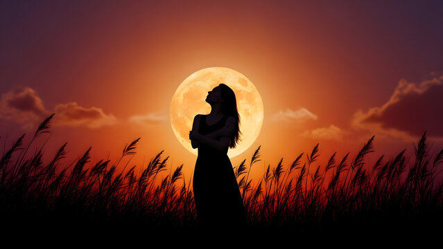 Romantic silhouette under full moon