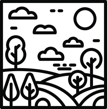 Black line illustration of trees and clouds in a sunny landscape scene wqe 407