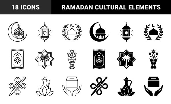 Islamic Cultural Symbols Merged with Traditional Elements Featuring Mosque Moon Hybrids Ramadan Lanterns Prayer Rugs and Floral Incense Burners