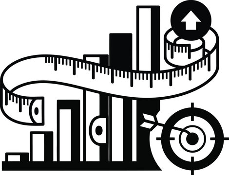 Measuring tape wrapped around various sized bars and target with upward arrow graphic illustration wqe 409