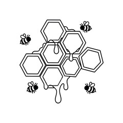 Fototapeta premium Honeycomb and Bees Outline Drawing Isolated on White Background