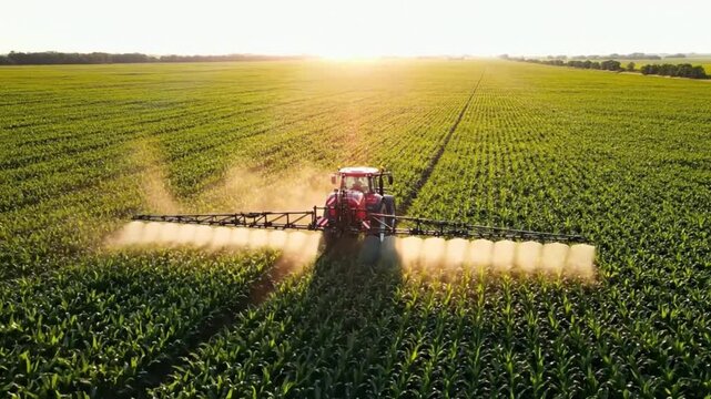 Aerial Drone Footage of Modern Farming with Tractor Spraying Crops Under Sunlight