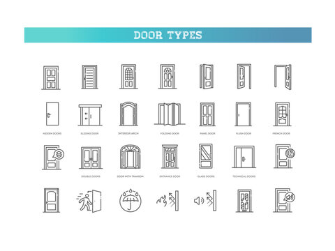 Door Types Line Icons Set. Interior, Entrance, Sliding, Folding, Glass Doors