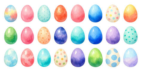 A charming watercolor collection of bright easter egg decorations for spring holiday branding and greeting card design.