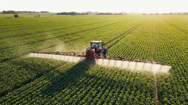 Smooth Drone Tracking Shot Above Farmland with Tractor Evenly Distributing Pesticides