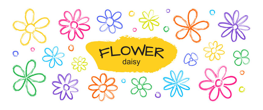 Flower doodle chalk hand drawn, paint brush leaf line icon, grunge fid flowers head outline design. Colorful simple chamomile sketch, spring cute crayon daisy blossom. Summer vector illustration
