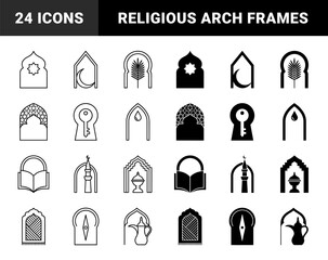 Islamic architectural arch frames integrated with religious symbols including crescent moon prayer beads minaret lantern and holy book for ramadan and eid design
