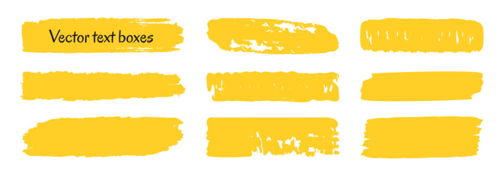 Hand-drawn yellow highlight text boxes with bold brush-stroke rectangles,a dry grunge texture.Funky marker-style stripes create vector quote frames,info boxes,ideal for emphasizing notes, titles, text