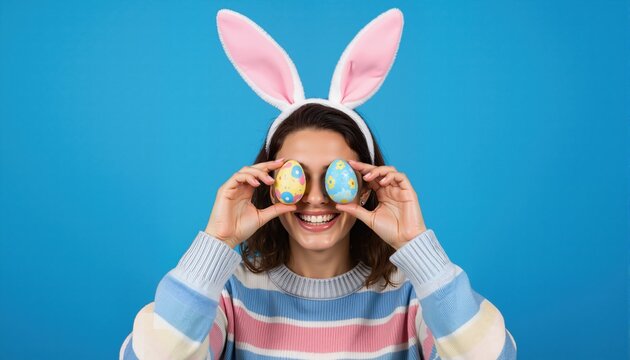 Photo of funny lady hold easter eggs cover eye beaming smile wear rabbit ears striped sweater isolated blue color background
