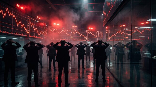 Photorealistic wide shot of trader silhouettes in front of red stock market screens during panic