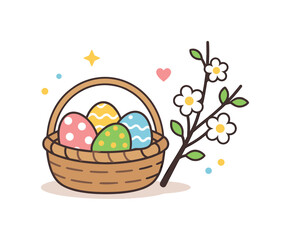 Cute Easter basket filled with colorful decorated eggs and a blooming branch