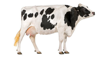 Holstein Friesian cow PNG isolated on transparent background, black and white dairy cattle for farming and agricultural use © Design Zone