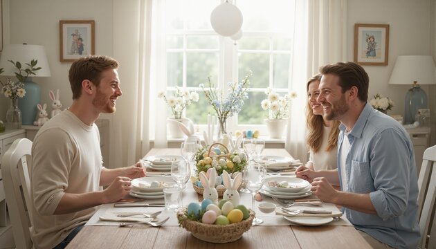 Cheerful caucasian couple setting cutlery for easter dinner
