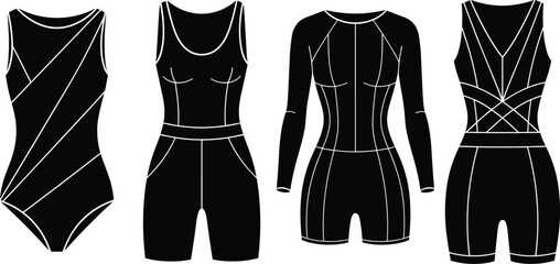 Athletic wear seamline designs, leotard, romper, unitard, fashion illustration, dancewear construction, garment pattern, sportswear style, apparel design, fitness clothing