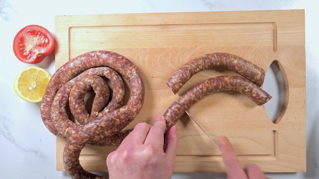 top view of man cutting raw sausages on cutting board