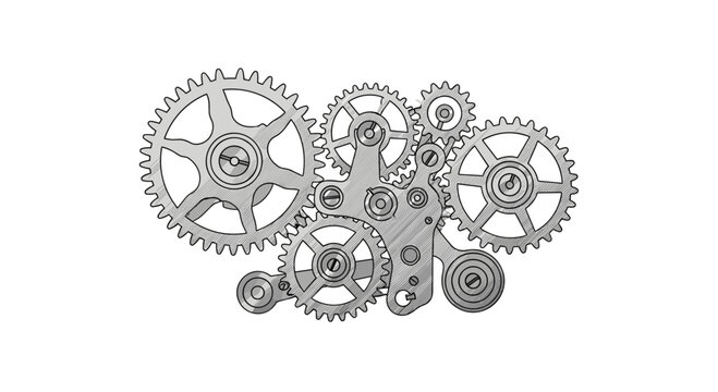 An intricate cluster of interconnected metallic gears of various sizes is precisely arranged, showcasing detailed teeth and a brushed texture against a clean white background.