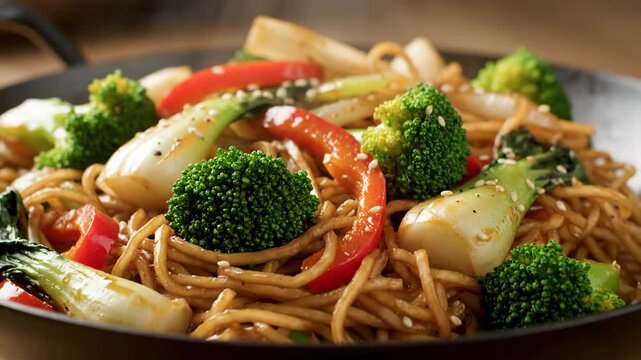 A delicious and colorful plate of noodles with various vegetables, a tasty meal