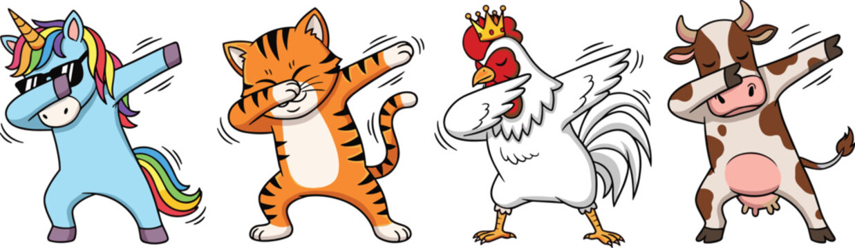 Cartoon animals dabbing, unicorn rainbow mane, tiger dance pose, rooster crown illustration, cow funny dance, humorous vector art, pop culture