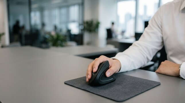 Asian man using vertical ergonomic mouse in a modern corporate office.