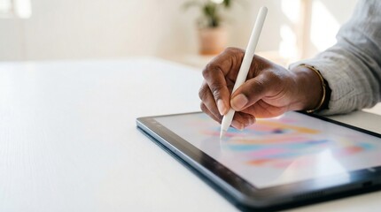 Black woman designer drawing on digital tablet with stylus at white desk.
