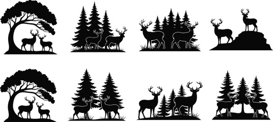 Fototapeta premium Deer forest silhouettes, wildlife illustration, nature scene, pine trees, deciduous forest, animal interaction, natural habitat, outdoor landscape, woodland, ecosystem