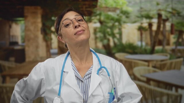 Hispanic woman doctor pinches fingers by stethoscope on a sunny restaurant terrace outdoors; confidence.