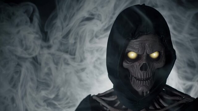 Hooded skeleton emerges from smoke. Hood sits low over skull and glowing eye. Reaper figure holds still in smoky fog. Horror halloween tone fills dense mist. Undead presence creates eerie grim mood.