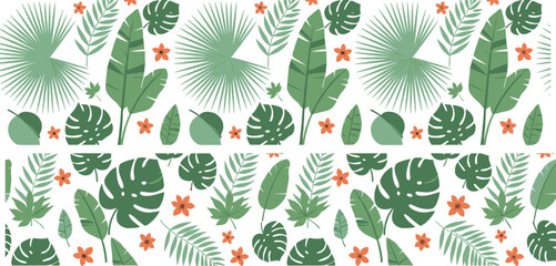 Tropical leaves and flowers seamless pattern flat vector illustration with monstera palm banana leaves for summer botanical background © Momota