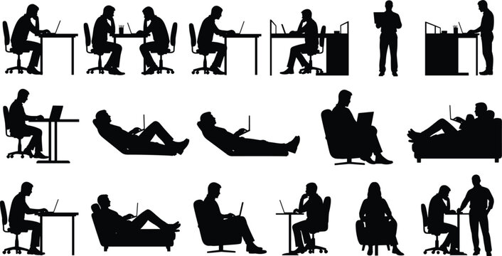 Laptop silhouettes collection, people studying working vector, casual office posture illustration, digital learning design art, technology lifestyle concept graphics