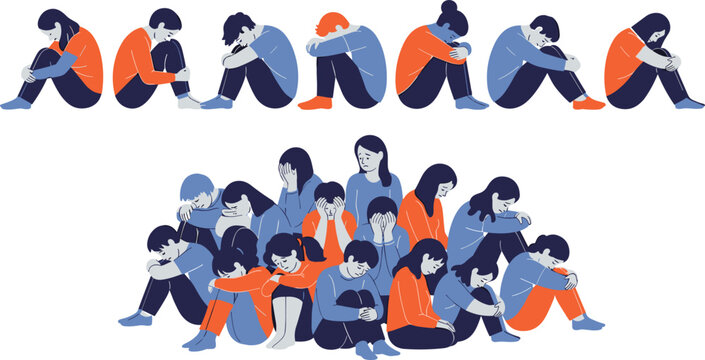 Depressed sad people sitting and hugging knees flat vector illustration set representing mental health anxiety loneliness and emotional stress concept