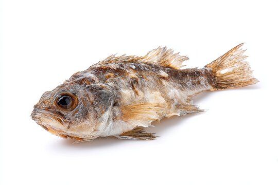 A solitary, fried fish presented in its entirety, captured with pristine detail, showcasing a classic culinary preparation with a focus on texture and flavor.
